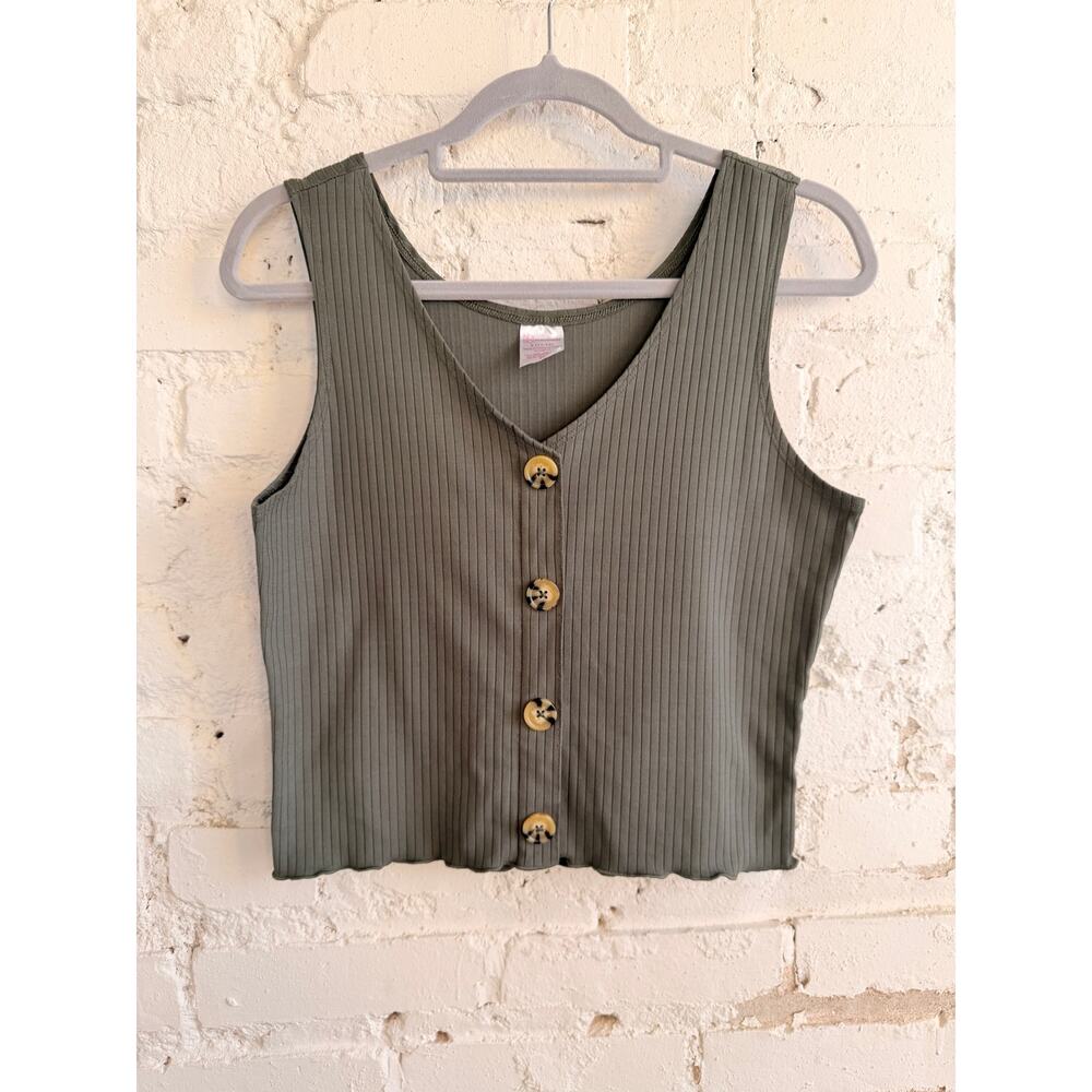 No Boundaries Ribbed Button Front Crop Tank Top Green Size L (11–13)